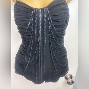 Cache Black VintageY2K Ruched Chain Embellishments Whimsigoth Rock Grunge Top 6?
